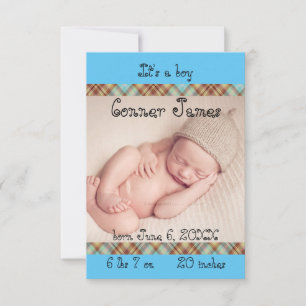 Faire-part Annonce de naissance bébé garçon carreaux bleu 3x5