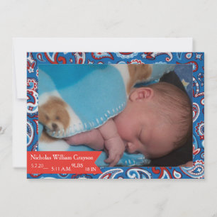 Faire-part Annonce de naissance bébé poisley rouge et bleu