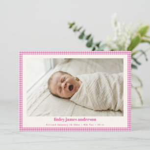 Faire-part Annonce de naissance de bébé fille au vichy rose