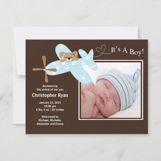 Faire-part Annonce de naissance de bébé garçon Avion Bleu (Devant)