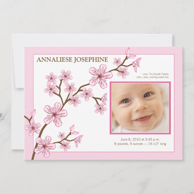 Faire-part Annonce de naissance de fille Fleur de Cerisier :  (Devant)