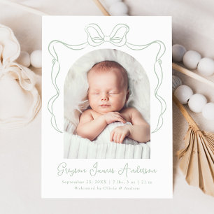 Faire-part Annonce de naissance élégante avec nœud vert sauge