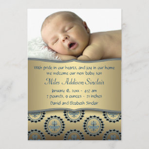 Faire-part Annonce de naissance garçon Bleu Or Photo