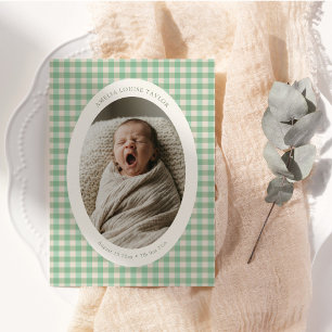 Faire-part Annonce de naissance ovale en vichy vert menthe av