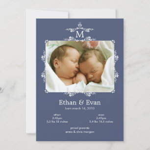 Faire-part Annonce de naissance photo de jumeaux à monogramme