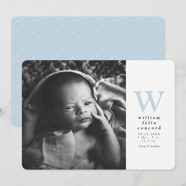 Faire-part Annonce de naissance simple avec initiale bleue (Devant / Derrière)