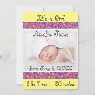 Faire-part Annonce de photo de bébé fille jaune mignonne