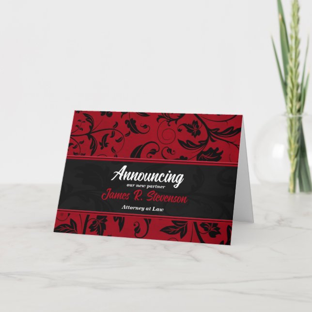 Faire-part Annonce d'un partenaire commercial Red Damask (Devant)