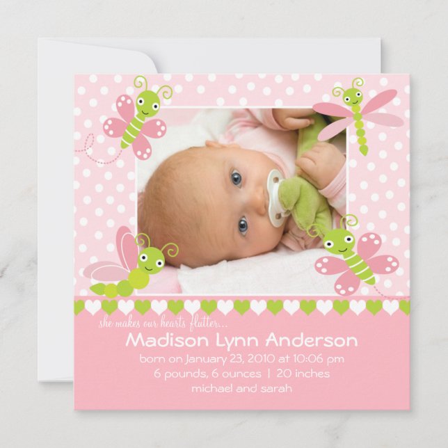 Faire-part Annonce photo de bébé fille Heart Flutter (Devant)