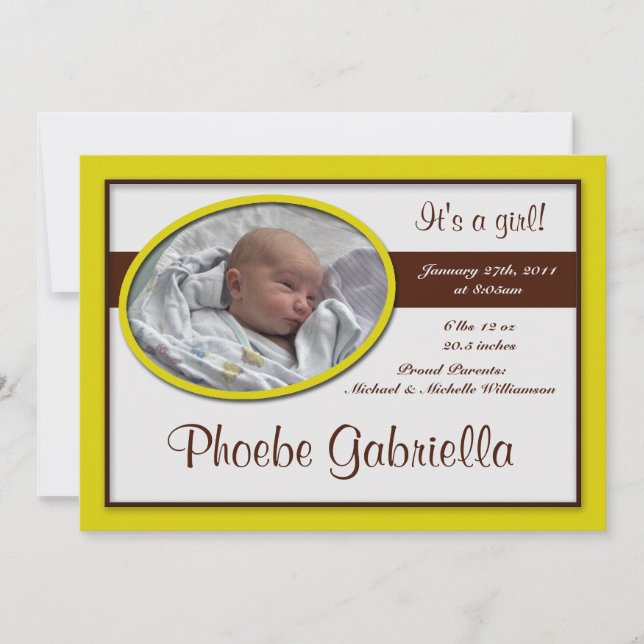 Faire-part Annonces Brown de naissance jaune (Devant)