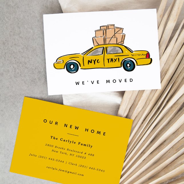 Faire-part Annonces de déménagement de taxi jaune de New York (Hand-drawn NYC yellow taxi illustration for a New York City moving announcement card.)
