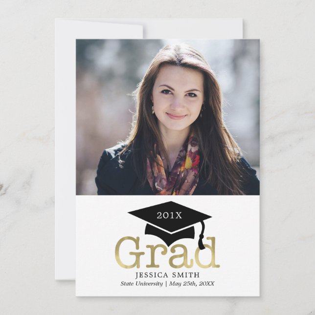 Faire-part Annonces de graduation de photos noir et or (Devant)