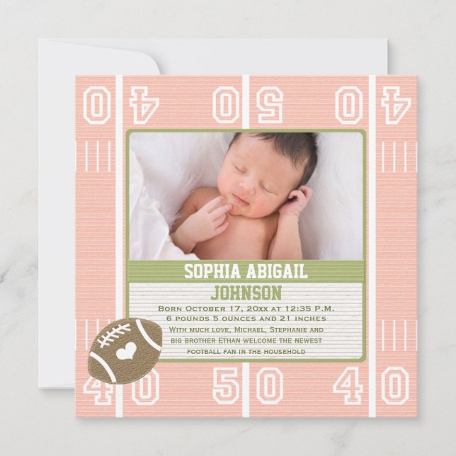 Faire-part Annonces de naissance au football rose (Devant)