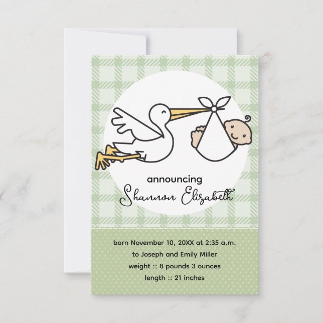 Faire-part Annonces de naissance de bébé cigogne (Devant)