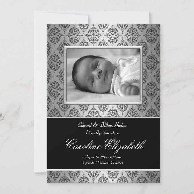 Faire-part Annonces de naissance de bébé Damas noir (Devant)