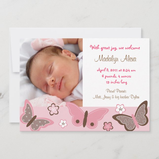Faire-part Annonces de naissance de papillon rose tendance (Devant)