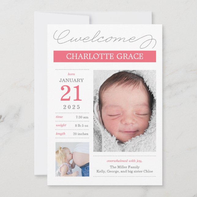 Faire-part Annonces De Naissance Doucement Documentées - Rose (Devant)