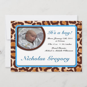 Faire-part Annonces de naissance en bleu Empreinte de léopard