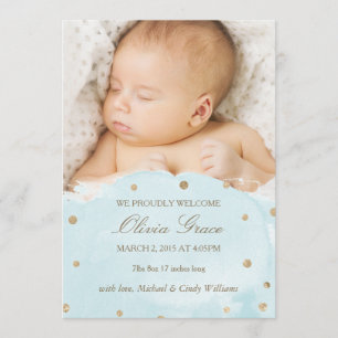 Faire-part Annonces de naissance Gold Foil et Blue Watercolor