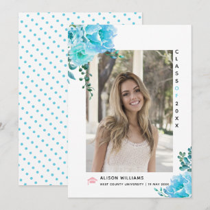 Faire-part Aqua blue flowers Classe de 2025 graduation photo
