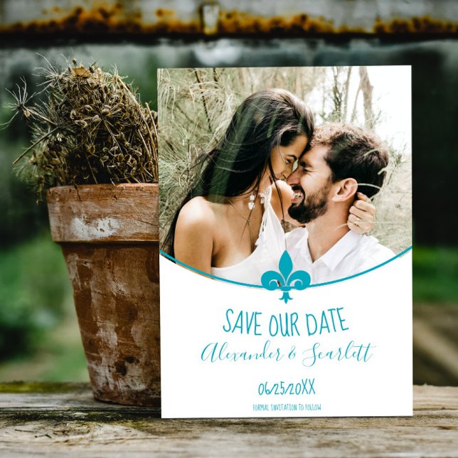 Faire-part Aquamarine Fleur de Lis Photo Faire Part de Date (Aquamarine Fleur de Lis Photo Save the Date)