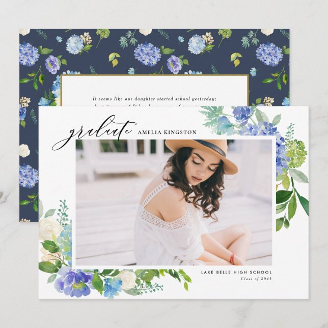 Faire-part Aquarelle Blue Hydrangea Frame Photo Graduation (Devant / Derrière)