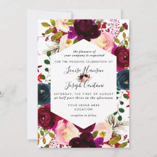 Faire-part Aquarelle Blush, Bourgogne+Navy Flowers Mariage
