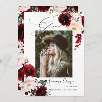 Faire-part Aquarelle Bourgogne rousse Fleurs Graduation