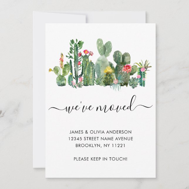 Faire-part Aquarelle Cactus Nous avons déménagé Nouvelle Mais (Devant)