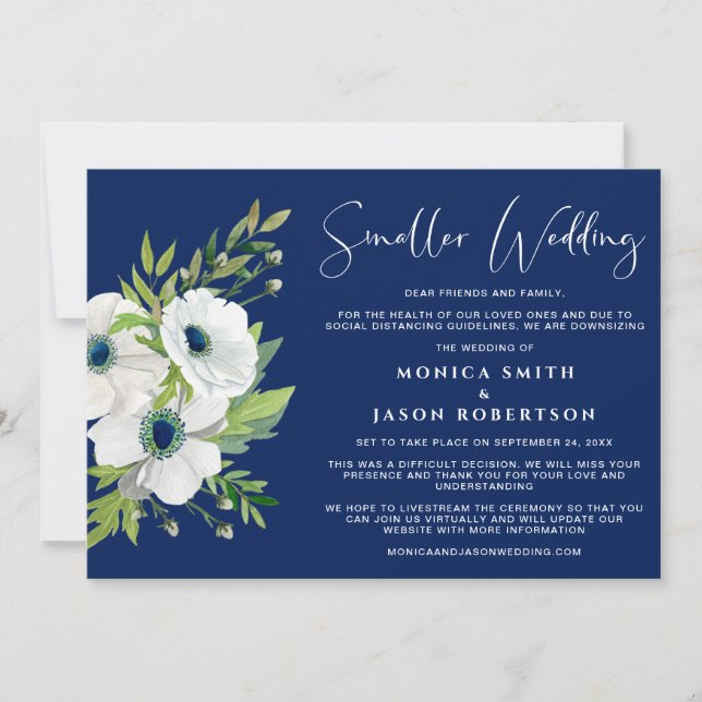 Faire-part Aquarelle Fleurs Blanches Bleu Marine Plus Petit M (Devant)