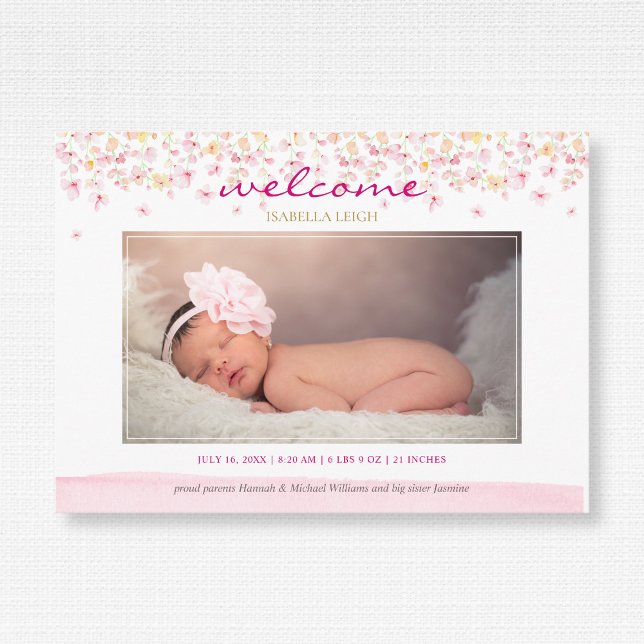 Faire-part Aquarelle Floral Pastel Baby Girl Photo Birth (Créateur téléchargé)