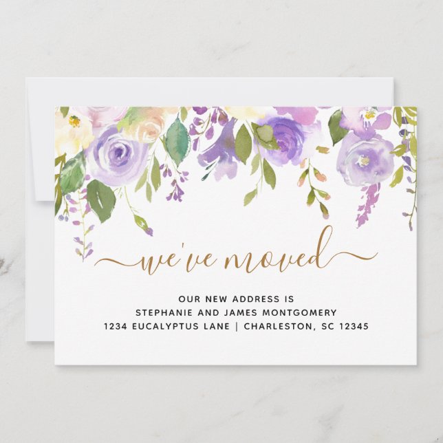 Faire-part Aquarelle Floral Purple Gold Moving (Devant)