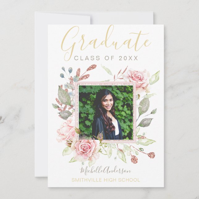 Faire-part Aquarelle Floral Rose Rose Gold Photo Graduation (Devant)