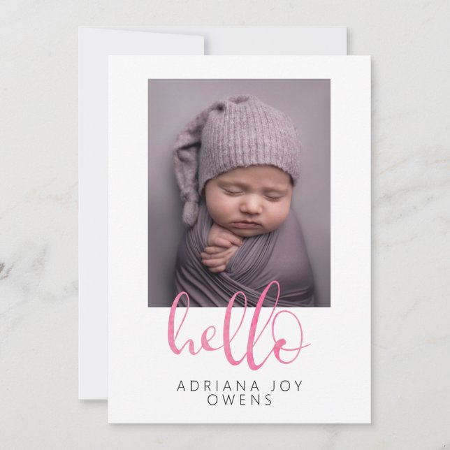 Faire-part Aquarelle Hello Pink Script Photo Collage Bébé (Devant)