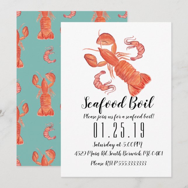 Faire-part Aquarelle Homard Fête Bouille Crevettes Dîner Anno (Devant / Derrière)