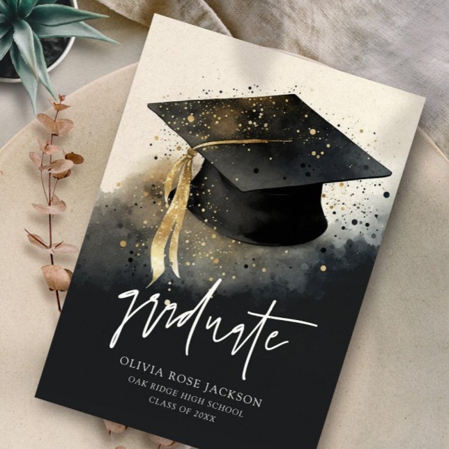 Faire-part Aquarelle noire et or Graduate Casquette Graduate (Créateur téléchargé)