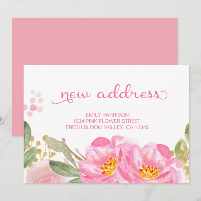 Faire-part Aquarelle or rose jolie Floral Nouvelle adresse (Devant / Derrière)