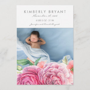 Faire-part Aquarelle rose Fleurs Photo Bébé Fille Naissance