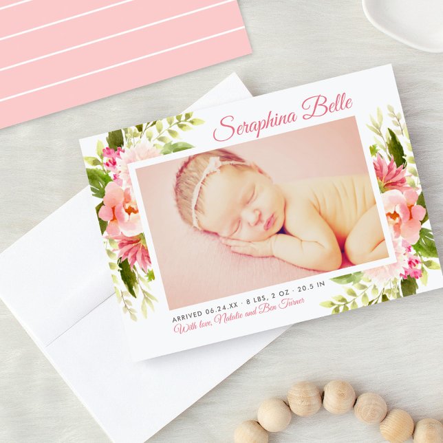 Faire-part Aquarelle rose florale Bébé fille photo naissance (Créateur téléchargé)