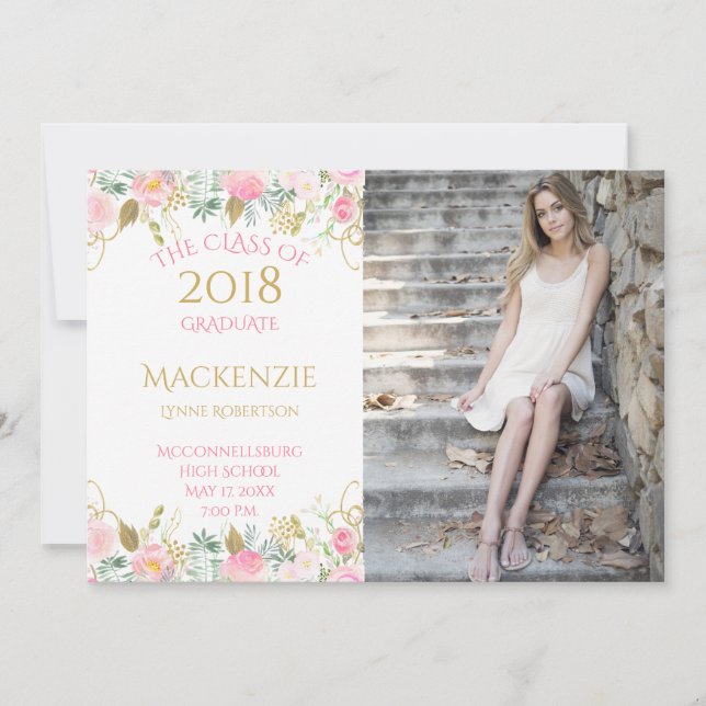Faire-part Aquarelle rose or Fleurs Photo Graduation (Devant)