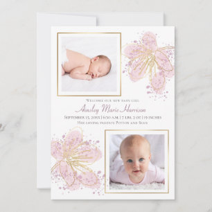 Faire-part Aquarelle rose or Floral Baby Girl 2 Photo