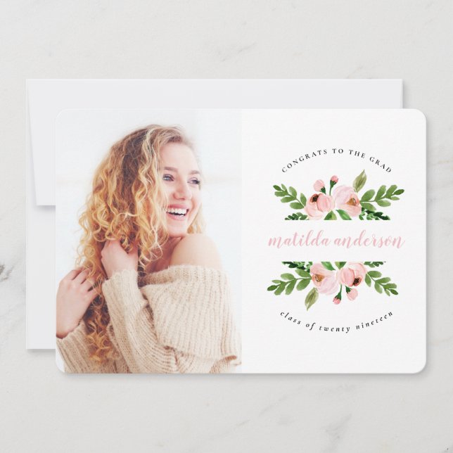 Faire-part Aquarelle rose pâle photo de graduation florale (Devant)