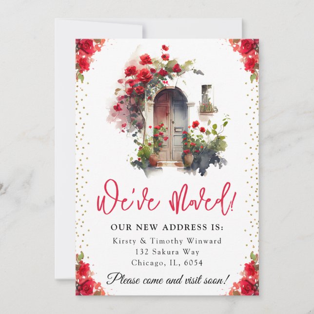 Faire-part Aquarelle Roses Rouges Porte de printemps Nouveau  (Devant)