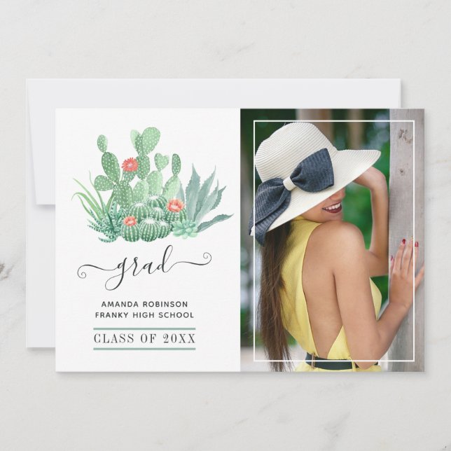 Faire-part Aquarelle Succulente Plante photo de graduation (Devant)