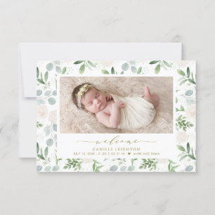 Faire-part Aquarelle Verdure & Fleurs blanches Motif Naissanc