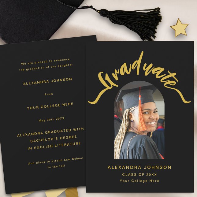 Faire-part Arc de photo moderne Arc d'or Script graduation (Modern trendy graduate photo arch graduation announcement card stylish black and gold script)