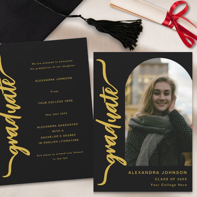 Faire-part Arc moderne - Arc de gradué - Photo Gold Script (Modern arch photo black and gold script Graduation announcement card)