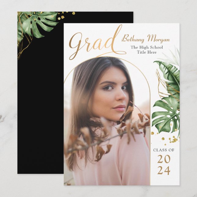 Faire-part Arc moderne Tropical Black Gold Arch Photo Graduat (Devant / Derrière)