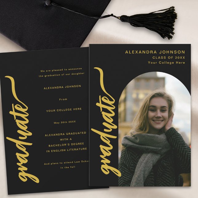 Faire-part Arch Photo noir et or Script Graduation (Arch graduate photo black and gold modern script graduation announcement card)