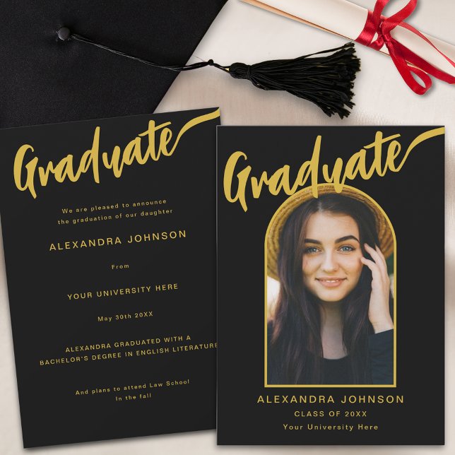 Faire-part Arche photo moderne - noir et or Script (Minimalist black & gold elegant calligraphy script graduate photo arch Graduation announcement card )
